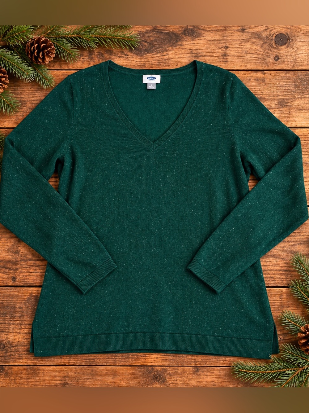 Old Navy XL Emerald Green Sparkle V-Neck Sweater Long Sleeve Metallic Knit